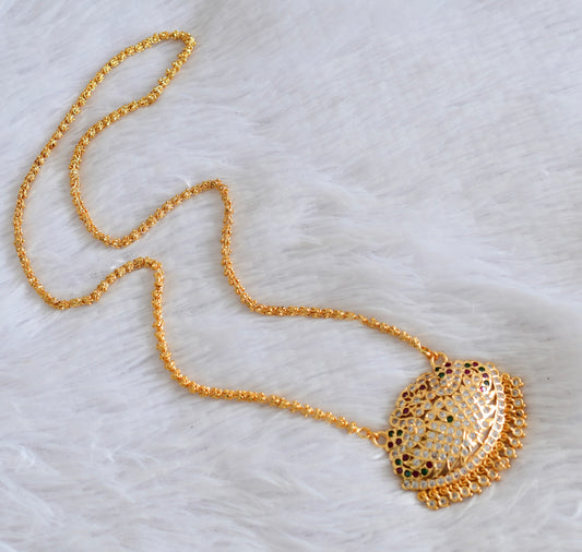Gold tone AD white-pink-green swan pendant with chain dj-53322