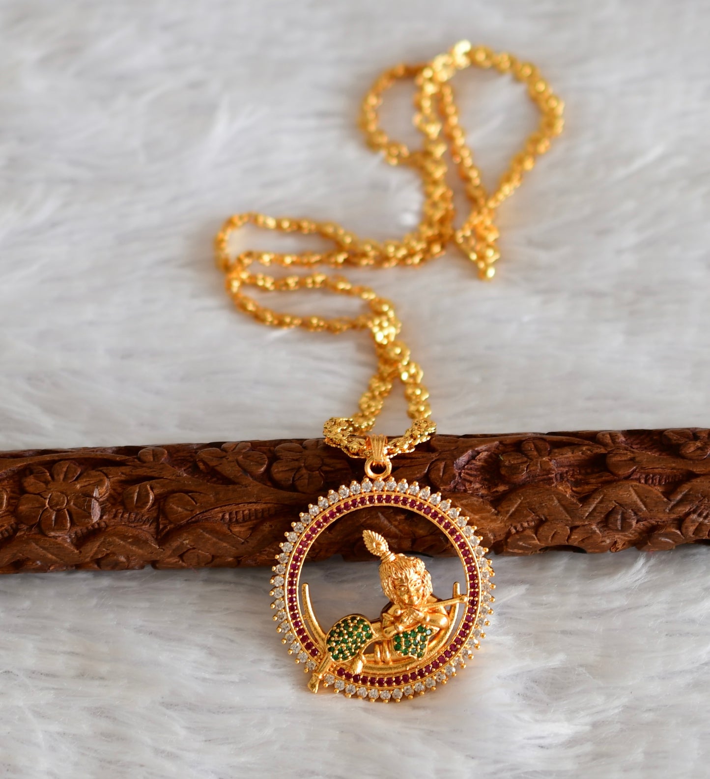Gold tone 24 inches chain with ruby-green-white krishna round pendant dj-51917