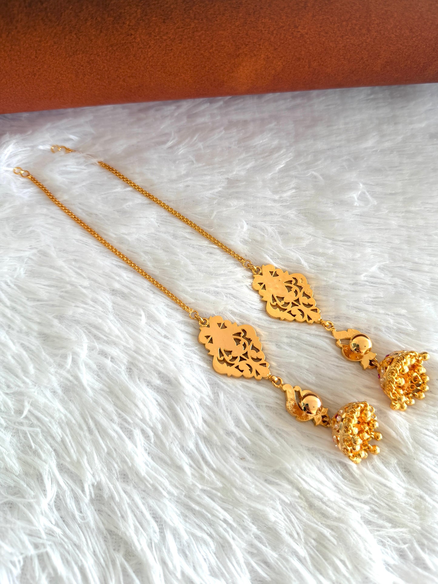 Gold tone AD pink-green south Indian peacock jhumkka with ear side chain dj-53272