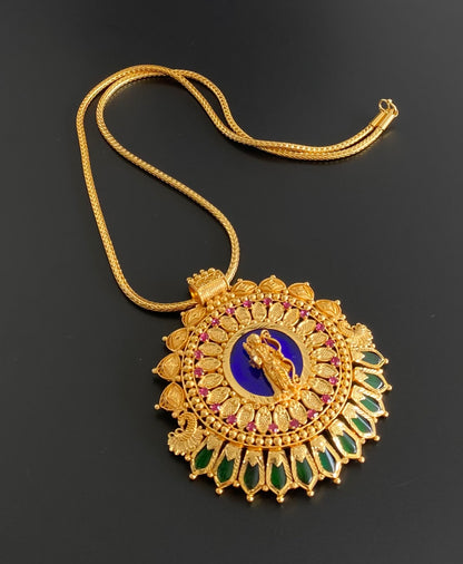 Gold tone pink-green-blue shri ram nagapadam big pendant with 24 inches chain dj-53693