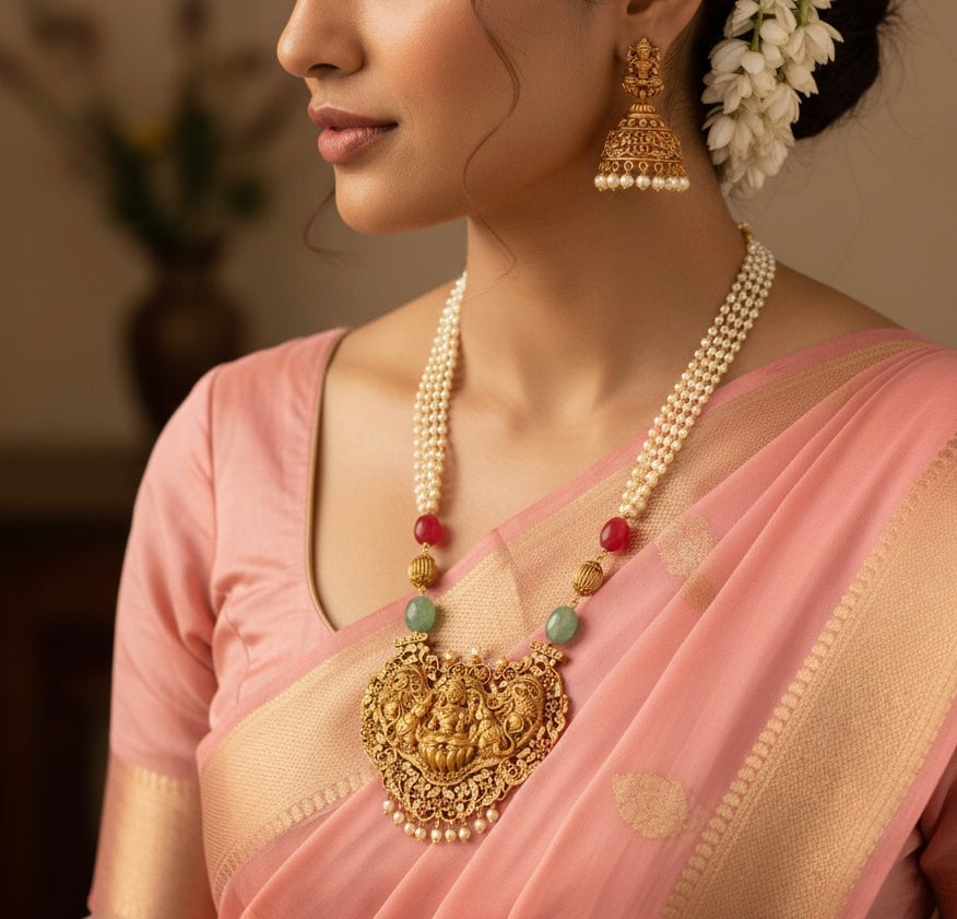 Matte Finish Cz Ruby-Emerald Nakshi Lakshmi Pearl Haar Set DJ33426