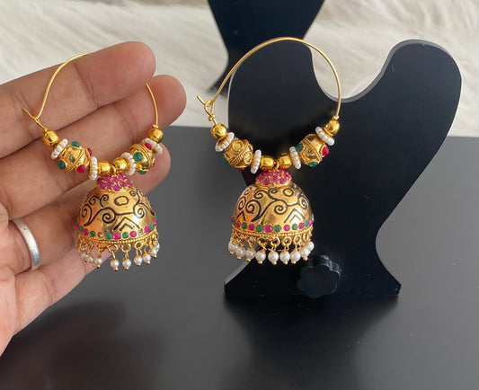 Antique gold tone ruby-emerald hoop Jhumkka dj-37597