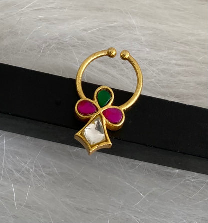 Gold tone kundan jadau pink-green-white stone nose pin/bulakku dj-53756