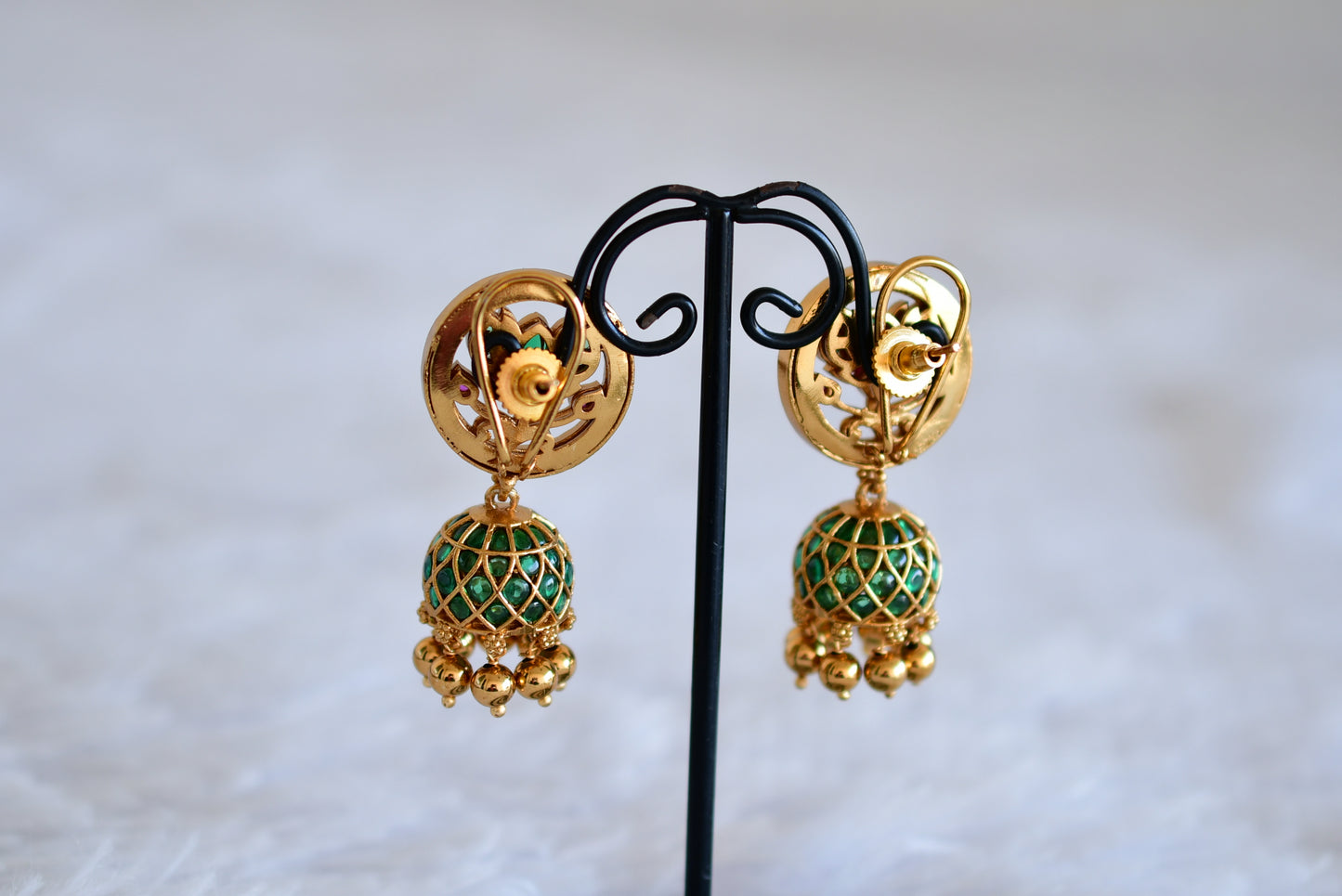 Antique gold tone cz kemp-green lotus jhumkka dj-52549