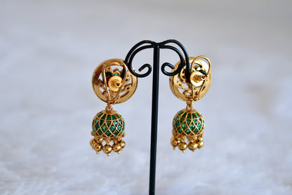 Antique gold tone cz kemp-green lotus jhumkka dj-52549