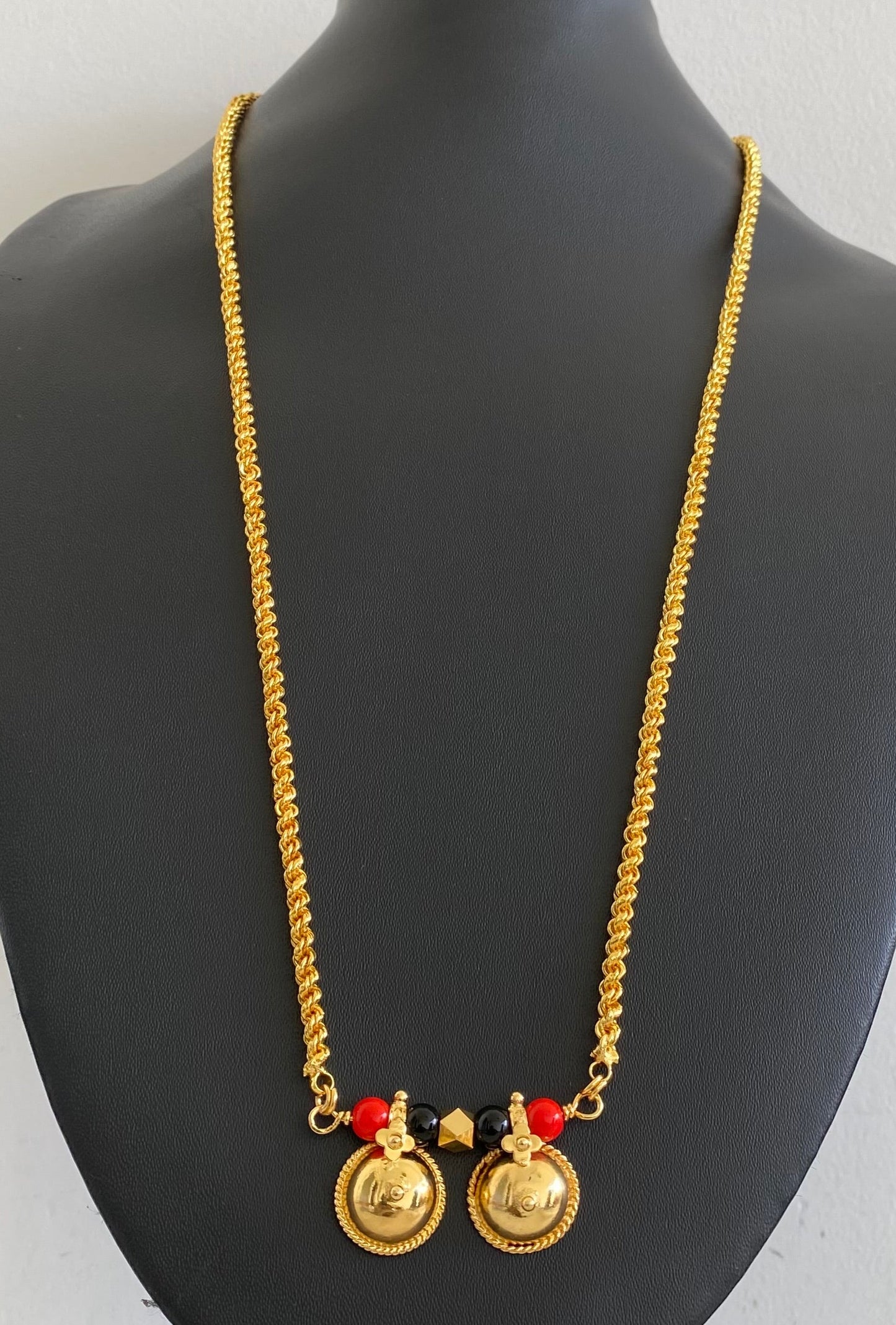 Gold tone 24 inches coral-black beads bottu mangalyam dj-54110