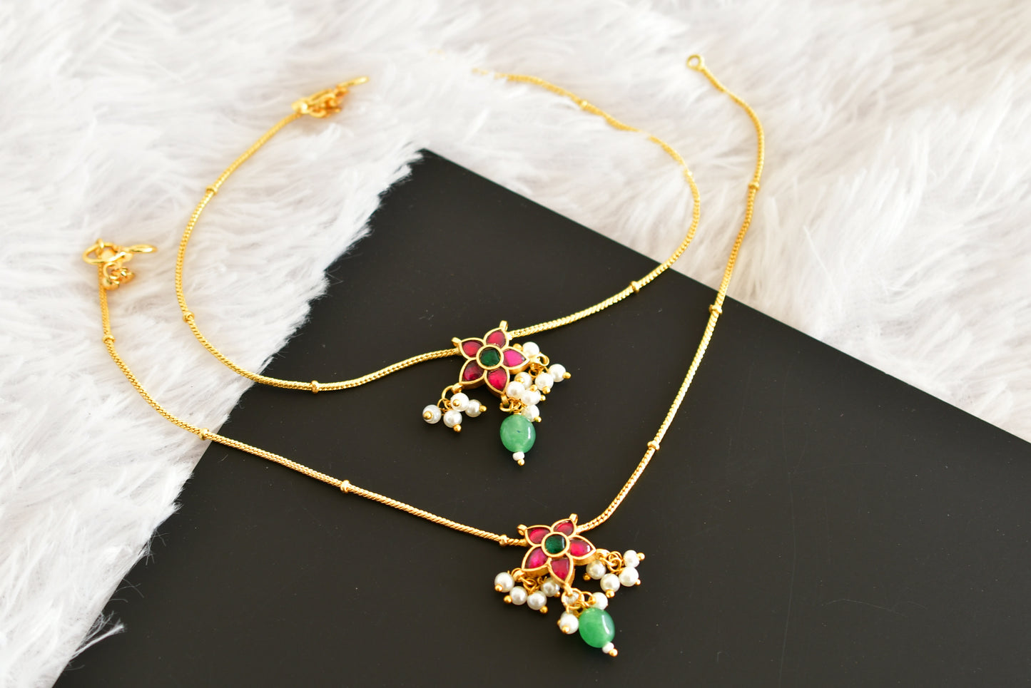 Gold tone pink-green flower kundan jadau anklets dj-52393