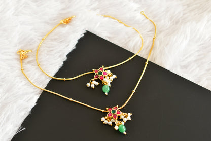 Gold tone pink-green flower kundan jadau anklets dj-52393