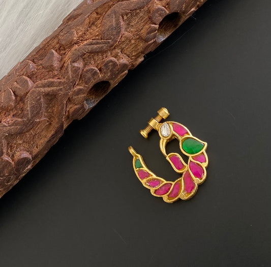 Gold tone kundan jadau kemp-green peacock nose pin dj-53711