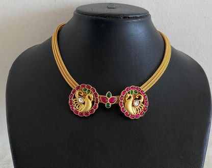 Gold tone kundan jadau pink-green-white swan necklace dj-55019