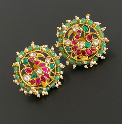 Gold tone pink-green-white pearl kundan jadau swan stud/earrings dj-53548