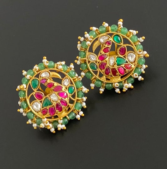 Gold tone pink-green-white pearl kundan jadau swan stud/earrings dj-53548