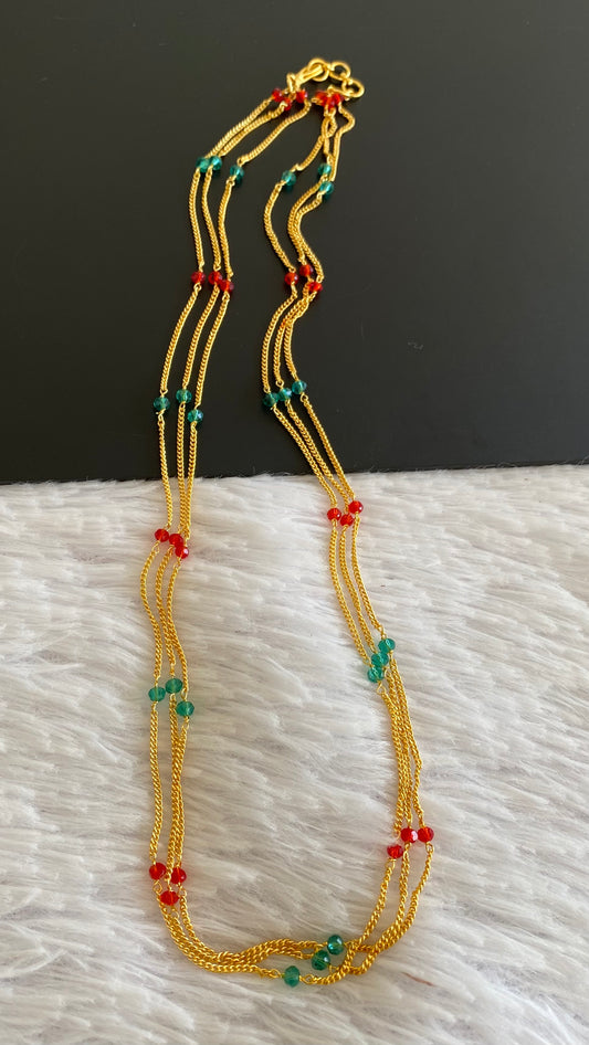 Gold tone 18 inches red-green beaded layer chain dj-52990