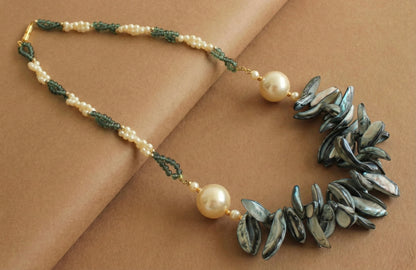 Gold tone grey pearl long necklace DJ25910