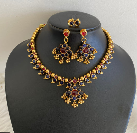 Antique gold tone kemp-blue stone reversible mango necklace set dj-54772