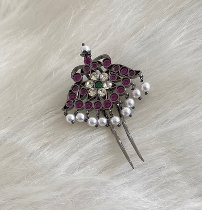 Black finish precious kemp-green-white pearl hair jewel/pin dj-54688