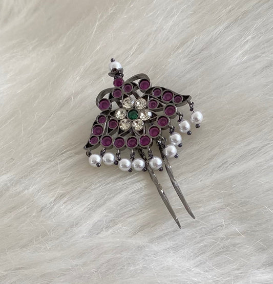 Black finish precious kemp-green-white pearl hair jewel/pin dj-54688