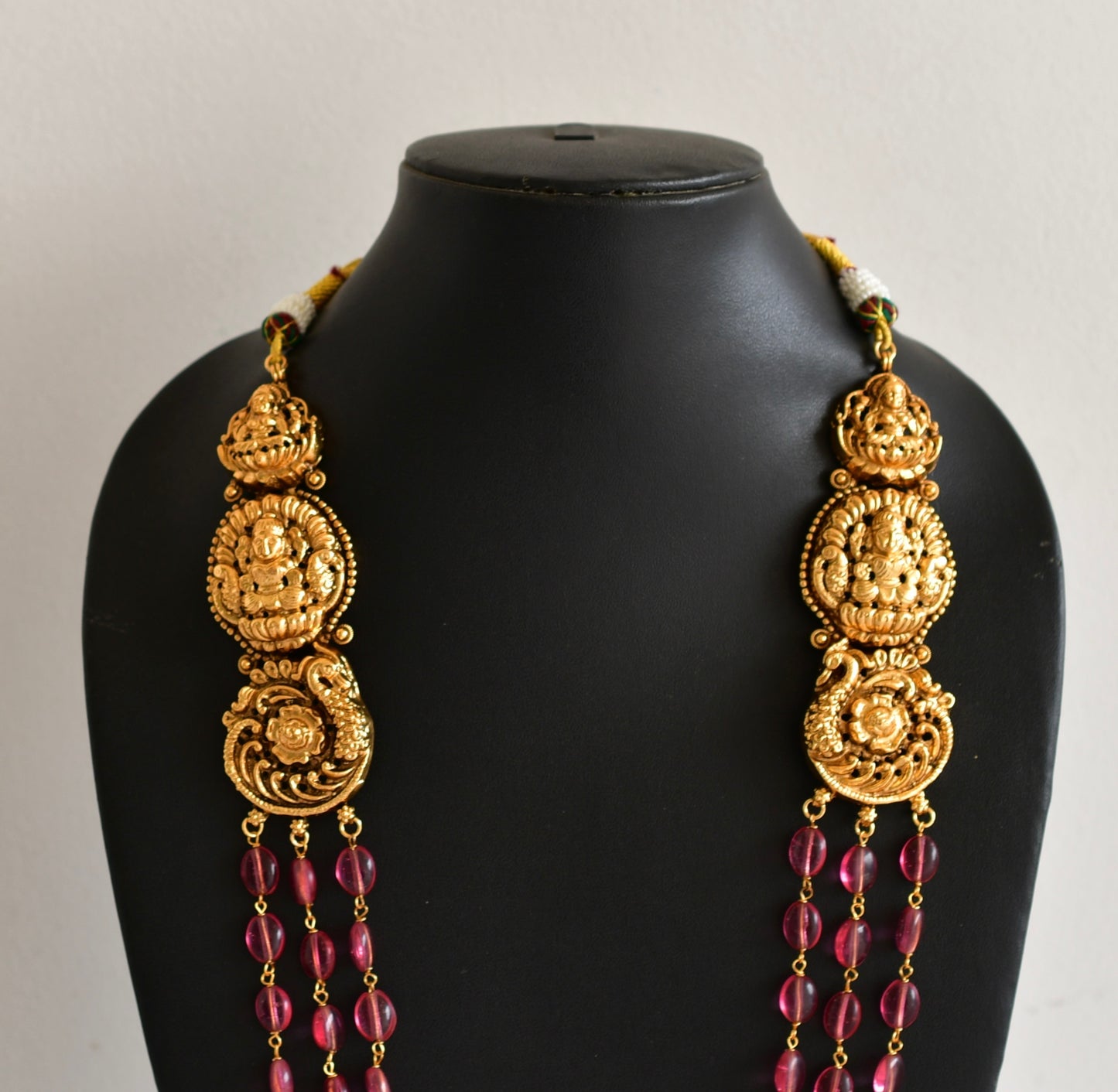Antique gold tone magenta pink beaded lakshmi peacock multi layer haar set dj-52427