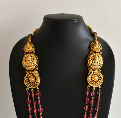 Antique gold tone magenta pink beaded lakshmi peacock multi layer haar set dj-52427