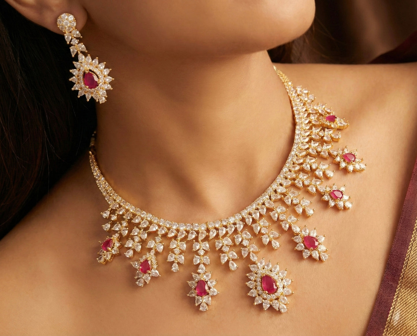 Gold tone Cz Ruby Necklace Set-dj17110