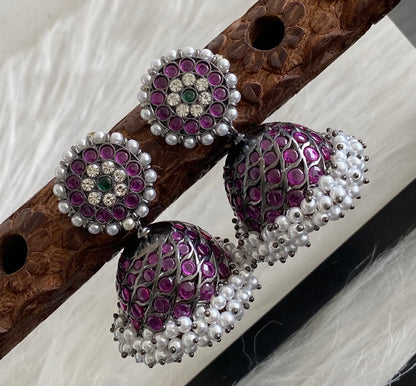 Black finish precious kemp-green-white stone pearl big jhumkka dj-53960
