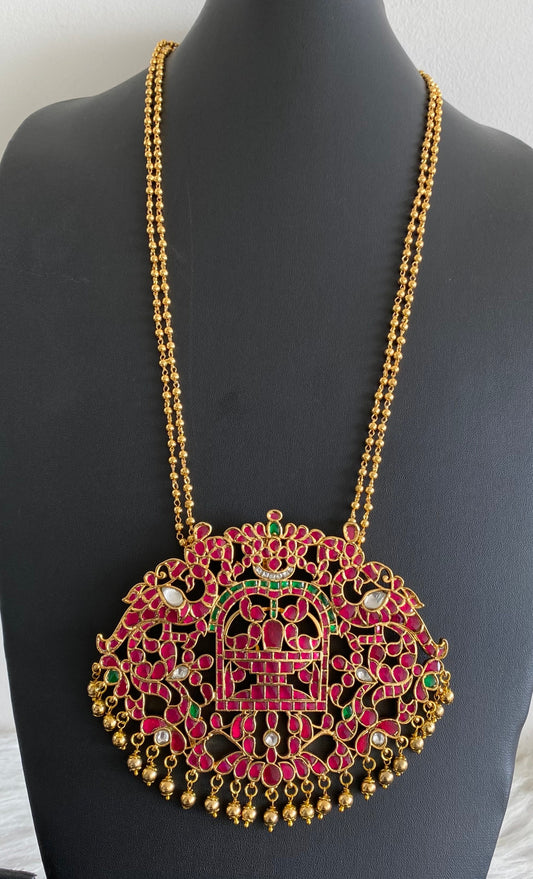 Gold tone pink-green-white kundan jadau big Shivaling peacock haar dj-54196