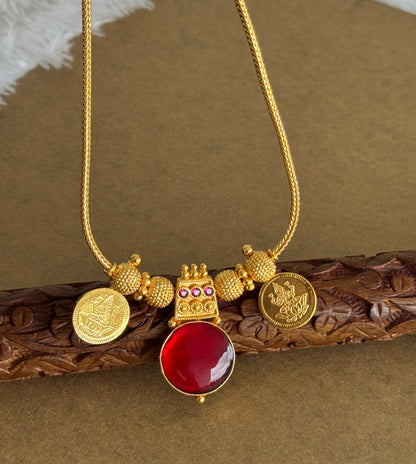 Gold tone pink-red kerala style round kodi Lakshmi coin necklace dj-51706