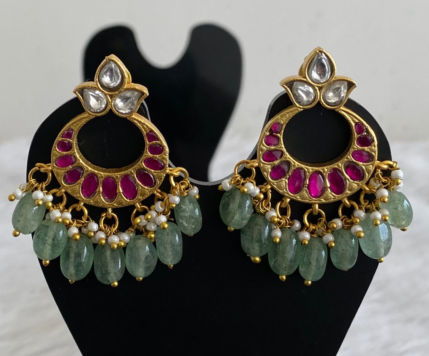 Gold tone white-pink stone green beaded kundan jadau bali earrings dj-53557