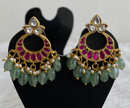 Gold tone white-pink stone green beaded kundan jadau bali earrings dj-53557