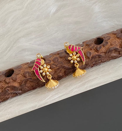 Gold tone pink-white stone kundan jadau bird jhumkka dj-54590