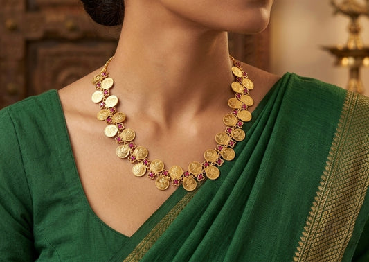 Gold tone pink stone lakshmi coin necklace dj-54146