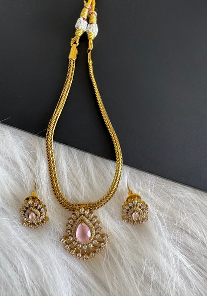 Antique gold tone cz baby pink thilak stone necklace set dj-51211