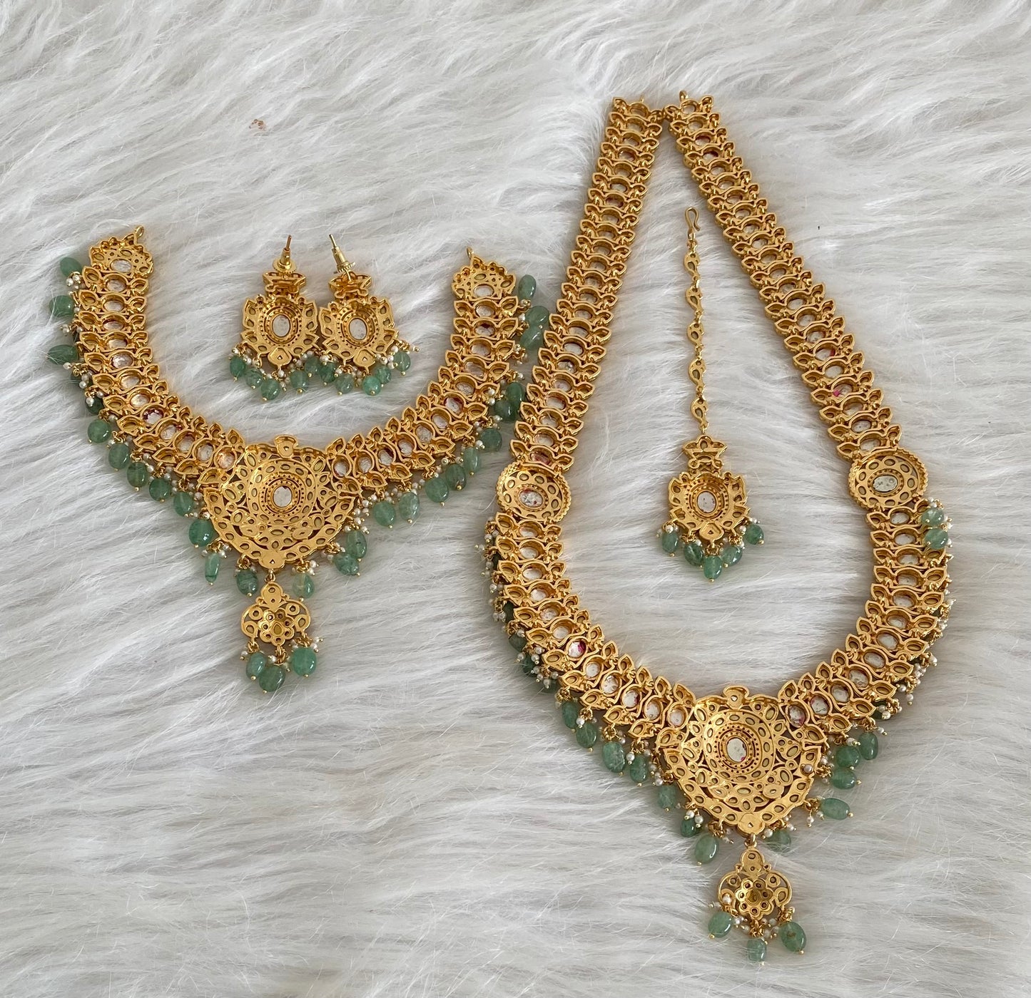 Antique gold tone kundan jadau green beaded bridal set dj-54599
