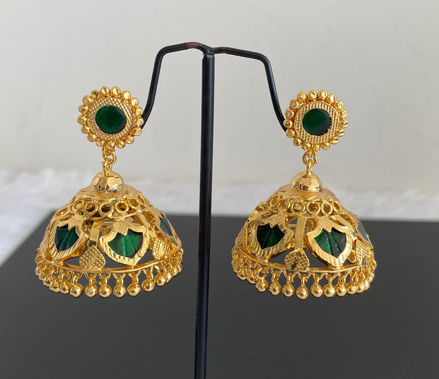 Gold tone kerala style green 6 petals of palakka jhumkka dj-53134