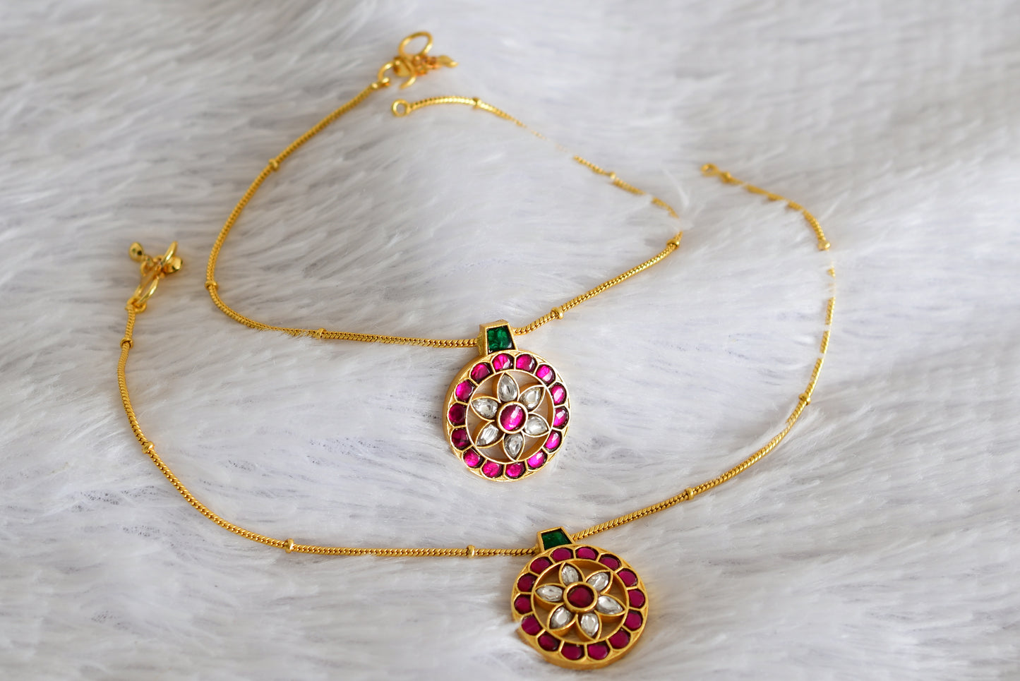 Gold tone pink-green-white round flower kundan jadau anklets dj-52395
