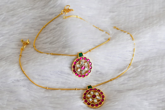 Gold tone pink-green-white round flower kundan jadau anklets dj-52395