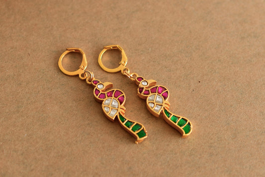 Gold tone pink-green-white kundan jadau peacock hook earrings dj-51990