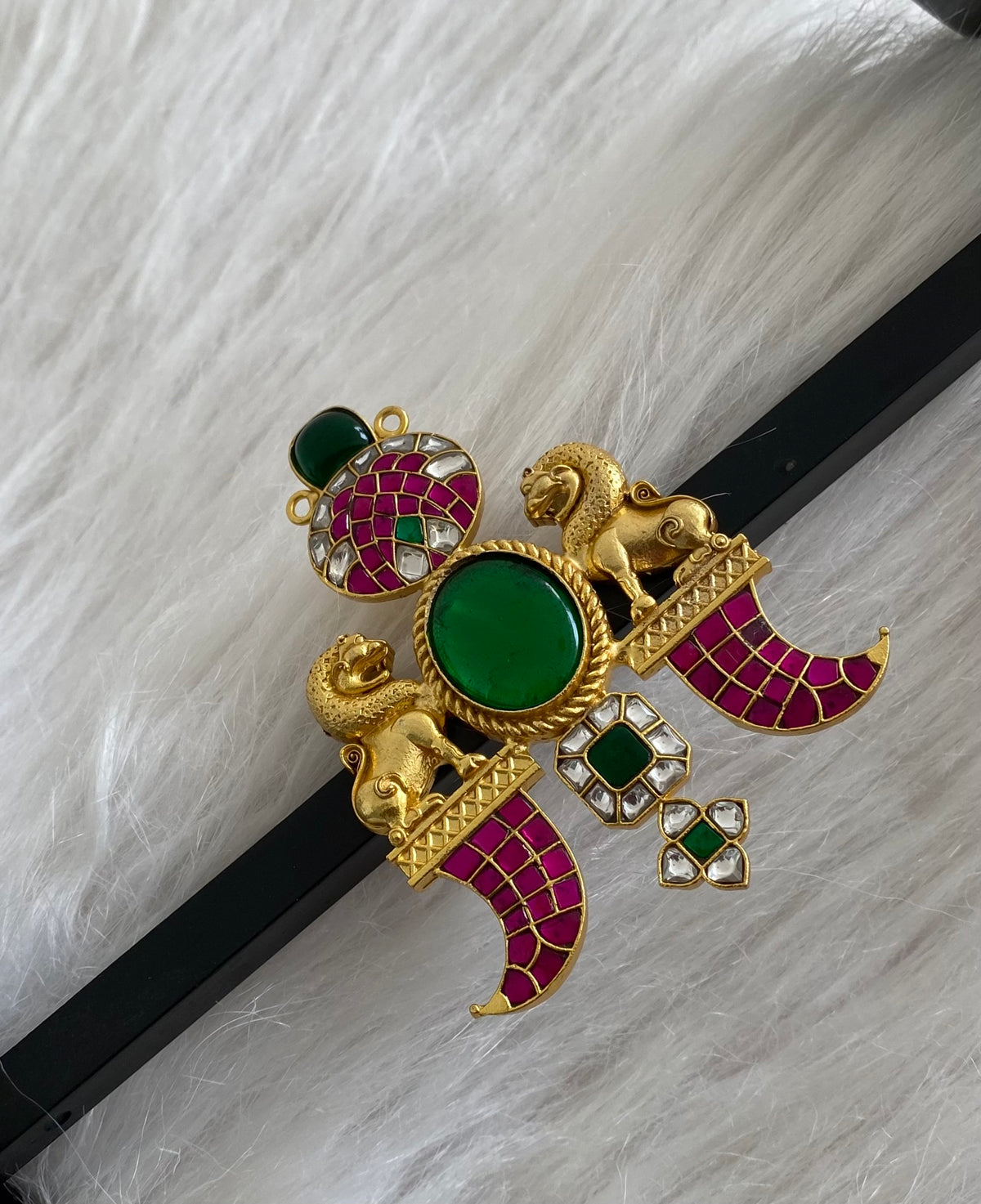 Antique green stone jadau lion pendant dj-53847