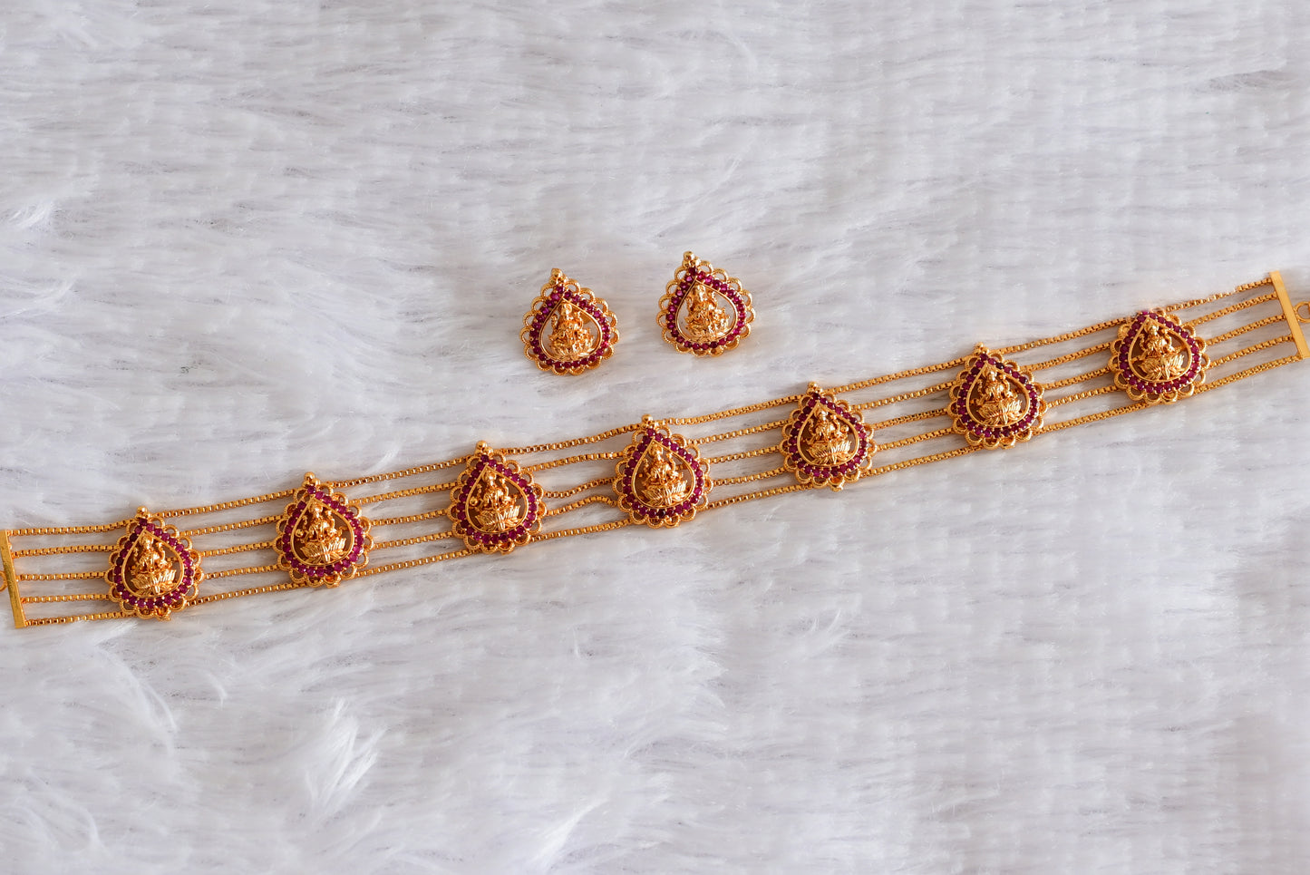 Gold tone AD pink lakshmi choker necklace set dj-51847
