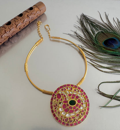 Matte finish pink-green-white kundan jadau round hasli peacock necklace dj-51533