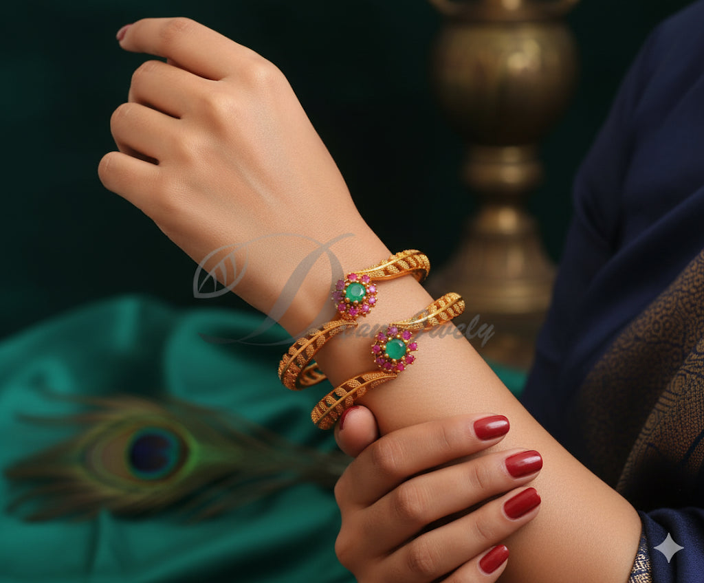 Matte Finish Ruby-green flower kada/Bangles(2.4) DJ29079