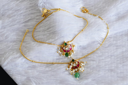 Gold tone pink-white-green kundan jadau anklets dj-52404