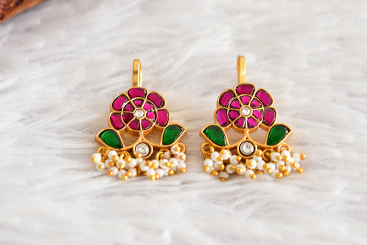 Gold tone pink-green-white kundan jadau flower bugadi earrings dj-52479