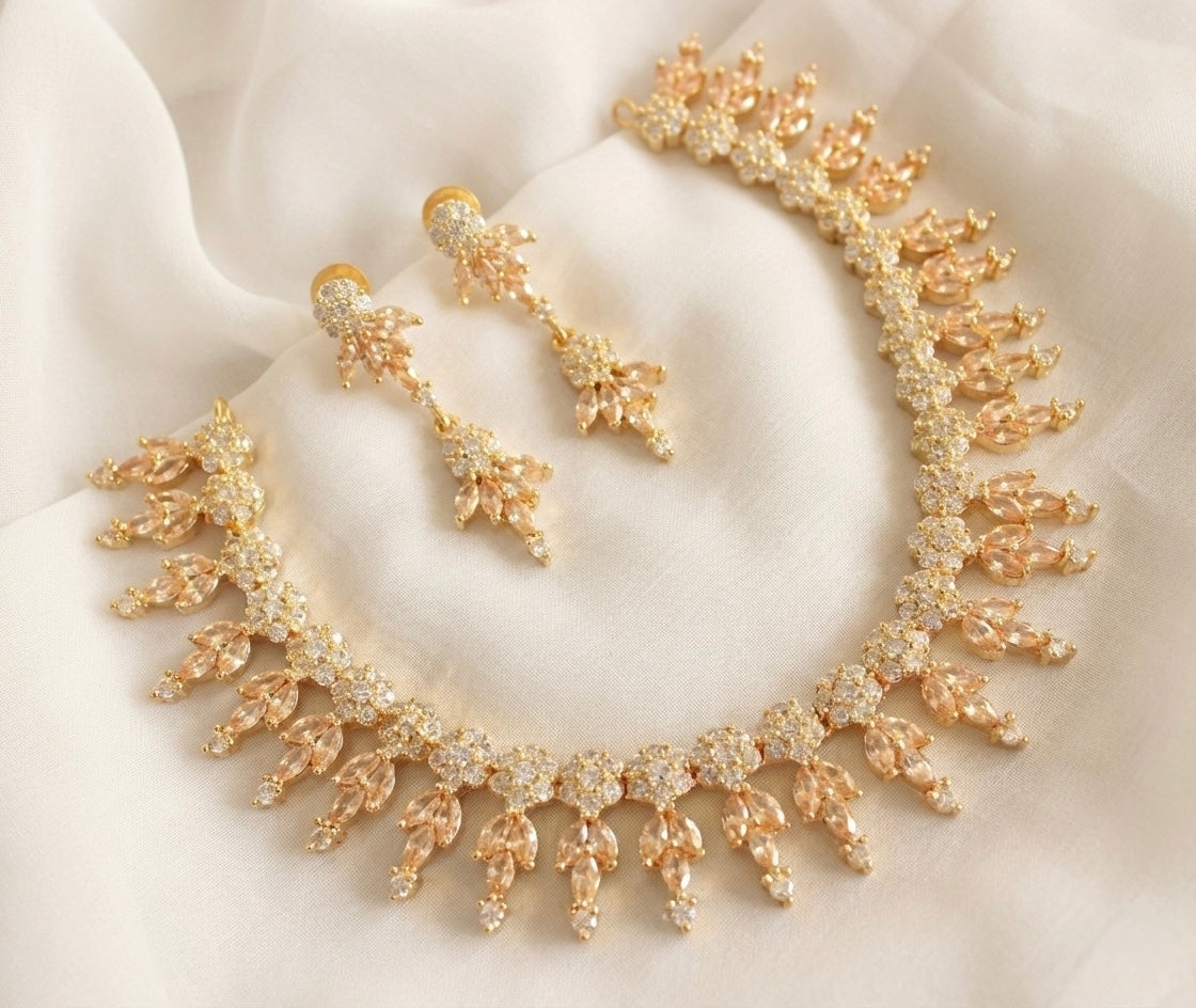 Gold tone Cz-gold flower necklace Set-dj17085