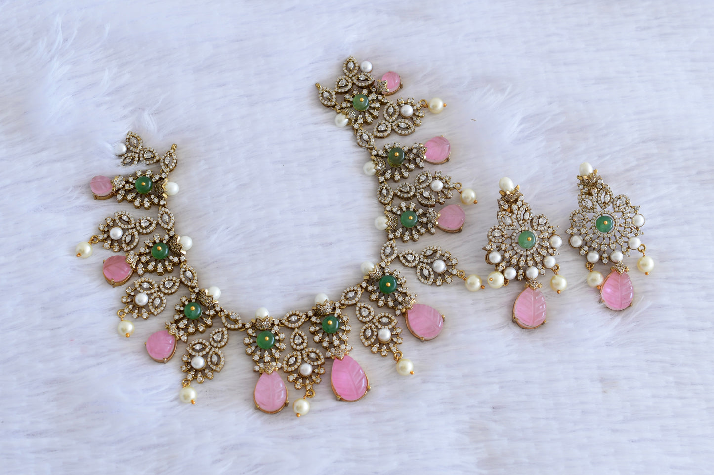 Antique gold tone cz pearl baby pink beaded necklace set dj-53014