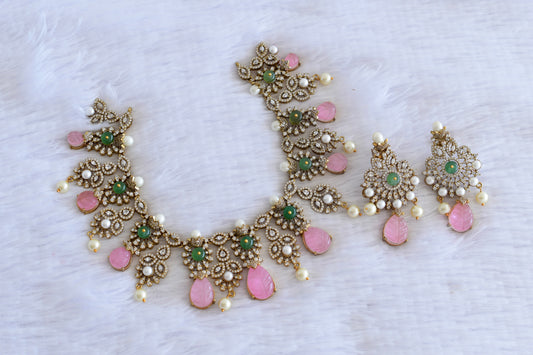 Antique gold tone cz pearl baby pink beaded necklace set dj-53014