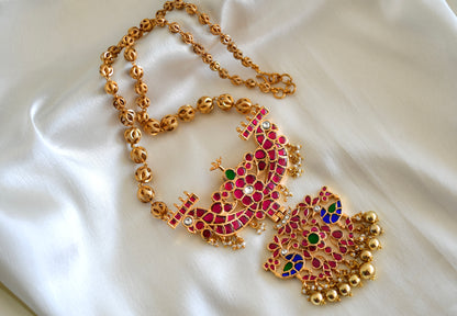 Gold tone pink-green-blue kundan jadau peacock pendant necklace dj-52601