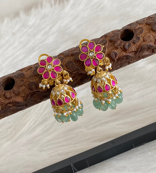Gold tone kemp-white stone kundan jadau green beaded jhumkka dj-54613