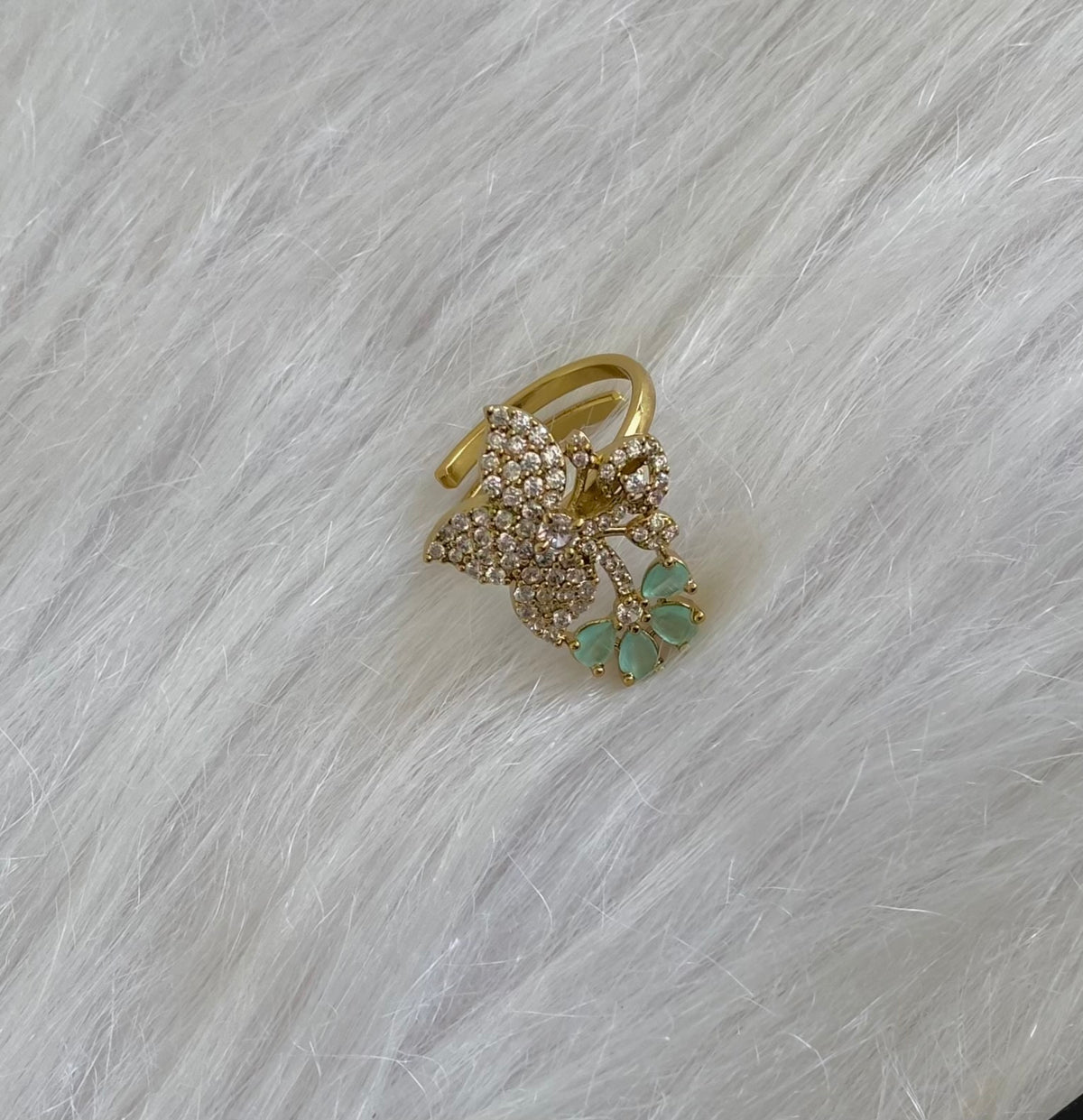 Antique gold tone cz white-sea green stone flower adjustable finger ring dj-55046