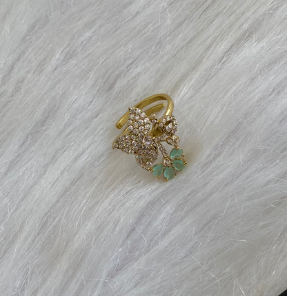 Antique gold tone cz white-sea green stone flower adjustable finger ring dj-55046